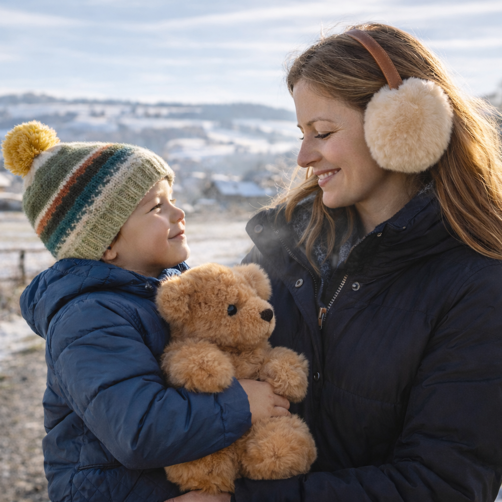 family in the mountains with alpaca accessories