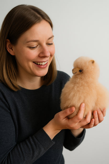 Dieses niedliche, flauschige Alpaka-Spielzeug wird von Hand aus echtem, ethisch gewonnenem Alpakafell gefertigt. Es ist besonders weich, leicht und hypoallergen – perfekt als Geschenk für Alpaka-Fans, Kinder oder Sammler. Jedes Stück ist ein Unikat mit natürlicher Farbgebung. Nachhaltig hergestellt in den Anden – zum Kuscheln oder als stilvolle Deko!