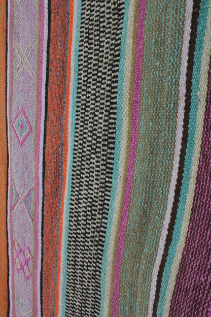 Handgefertigter Frazada-Teppich aus Peru – farbenfroh, traditionell und ideal für Balkon, Terrasse oder gemütliche Wohnräume. Dieser bunte Teppich bringt peruanisches Kunsthandwerk und Wärme in dein Zuhause und setzt lebendige Akzente im Boho- oder Ethno-Stil für drinnen und draußen.