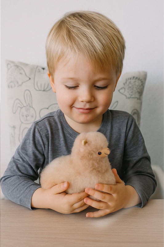 Dieses niedliche, flauschige Alpaka-Spielzeug wird von Hand aus echtem, ethisch gewonnenem Alpakafell gefertigt. Es ist besonders weich, leicht und hypoallergen – perfekt als Geschenk für Alpaka-Fans, Kinder oder Sammler. Jedes Stück ist ein Unikat mit natürlicher Farbgebung. Nachhaltig hergestellt in den Anden – zum Kuscheln oder als stilvolle Deko!