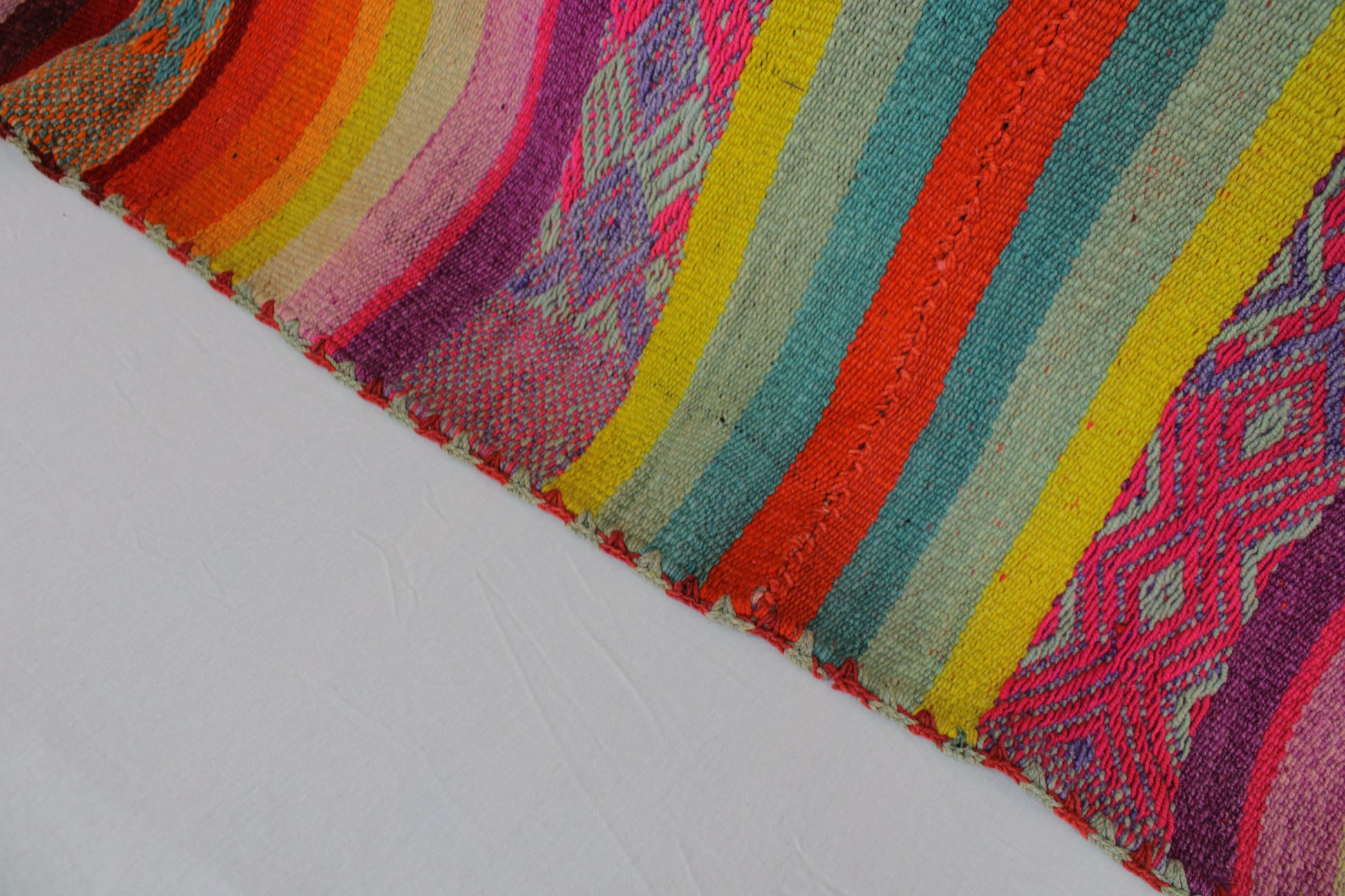 Handgefertigter Frazada-Teppich aus Peru – farbenfroh, traditionell und ideal für Balkon, Terrasse oder gemütliche Wohnräume. Dieser bunte Teppich bringt peruanisches Kunsthandwerk und Wärme in dein Zuhause und setzt lebendige Akzente im Boho- oder Ethno-Stil für drinnen und draußen.