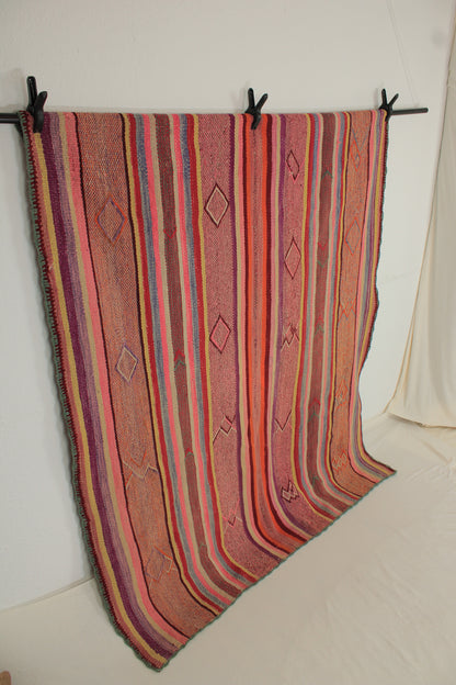 Handgefertigter Frazada-Teppich aus Peru – farbenfroh, traditionell und ideal für Balkon, Terrasse oder gemütliche Wohnräume. Dieser bunte Teppich bringt peruanisches Kunsthandwerk und Wärme in dein Zuhause und setzt lebendige Akzente im Boho- oder Ethno-Stil für drinnen und draußen.