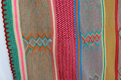 Handgefertigter Frazada-Teppich aus Peru – farbenfroh, traditionell und ideal für Balkon, Terrasse oder gemütliche Wohnräume. Dieser bunte Teppich bringt peruanisches Kunsthandwerk und Wärme in dein Zuhause und setzt lebendige Akzente im Boho- oder Ethno-Stil für drinnen und draußen.