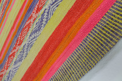 Handgefertigter Frazada-Teppich aus Peru – farbenfroh, traditionell und ideal für Balkon, Terrasse oder gemütliche Wohnräume. Dieser bunte Teppich bringt peruanisches Kunsthandwerk und Wärme in dein Zuhause und setzt lebendige Akzente im Boho- oder Ethno-Stil für drinnen und draußen.
