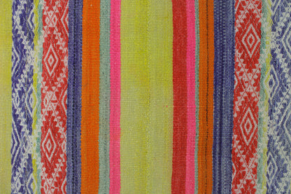 Handgefertigter Frazada-Teppich aus Peru – farbenfroh, traditionell und ideal für Balkon, Terrasse oder gemütliche Wohnräume. Dieser bunte Teppich bringt peruanisches Kunsthandwerk und Wärme in dein Zuhause und setzt lebendige Akzente im Boho- oder Ethno-Stil für drinnen und draußen.