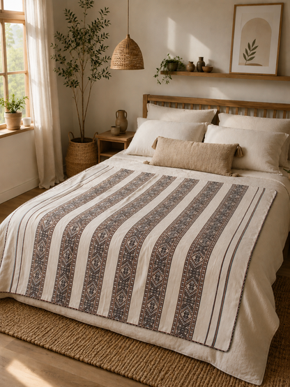 Handgewebte peruanische Tagesdecke aus Baumwolle mit traditionellem Andenmuster auf einem Bett im Boho-Schlafzimmer. Authentisches Kunsthandwerk aus Peru für natürliche und stilvolle Wohnraumgestaltung.