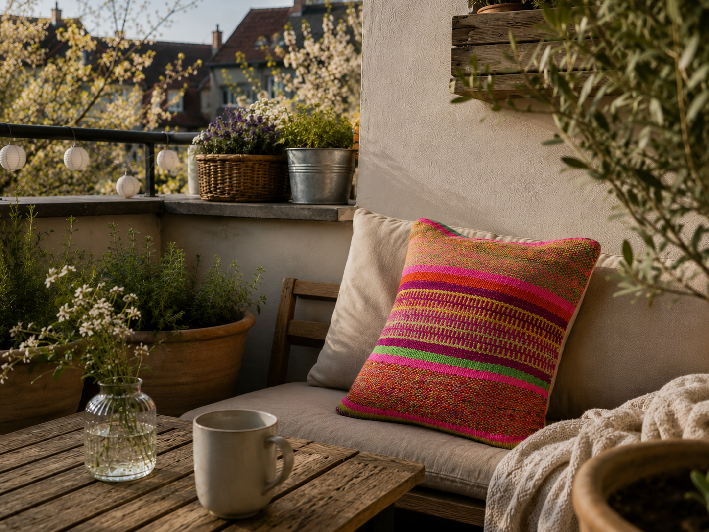 Handgemachtes Frazada-Kissen aus Peru aus Schafwolle auf einem sonnigen deutschen Balkon mit Pflanzen, rustikalen Möbeln und gemütlichem Boho-Stil.