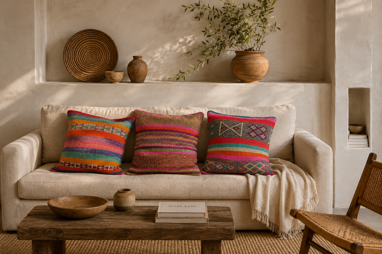 Handgefertigtes Peruanisches Frazada-Kissen aus Schafwolle auf einem gemütlichen Balkon im Frühling mit rustikalen Holzmöbeln, warmem Sonnenlicht und natürlicher Boho-Dekoration.