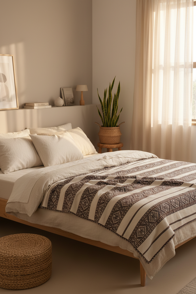 Handgewebte Tagesdecke aus Peru aus hochwertiger Baumwolle mit traditionellem Andenmuster auf einem Bett in einer Hamburger Altbauwohnung. Authentische Boho-Dekoration und nachhaltiges Kunsthandwerk.