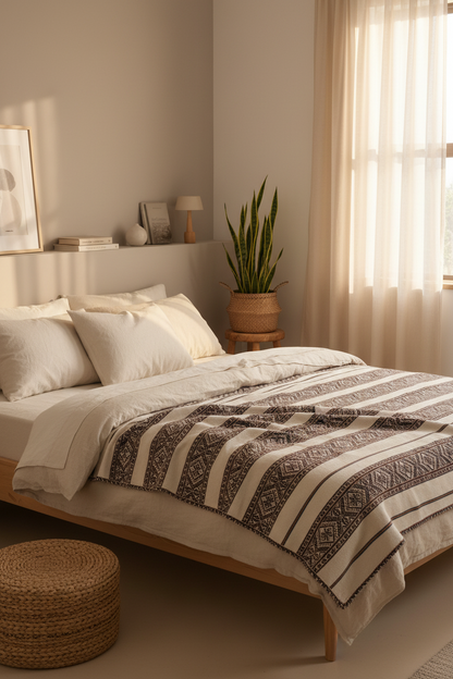 Handgewebte Tagesdecke aus Peru aus hochwertiger Baumwolle mit traditionellem Andenmuster auf einem Bett in einer Hamburger Altbauwohnung. Authentische Boho-Dekoration und nachhaltiges Kunsthandwerk.