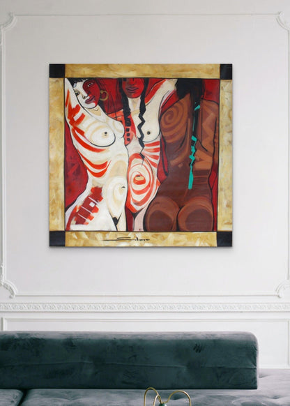 Acryl-Gemälde "Las Nudas" von Salmo, 147x147 cm, peruanische Wanddekoration im modernen Kunststil, von Glueck & Fund.