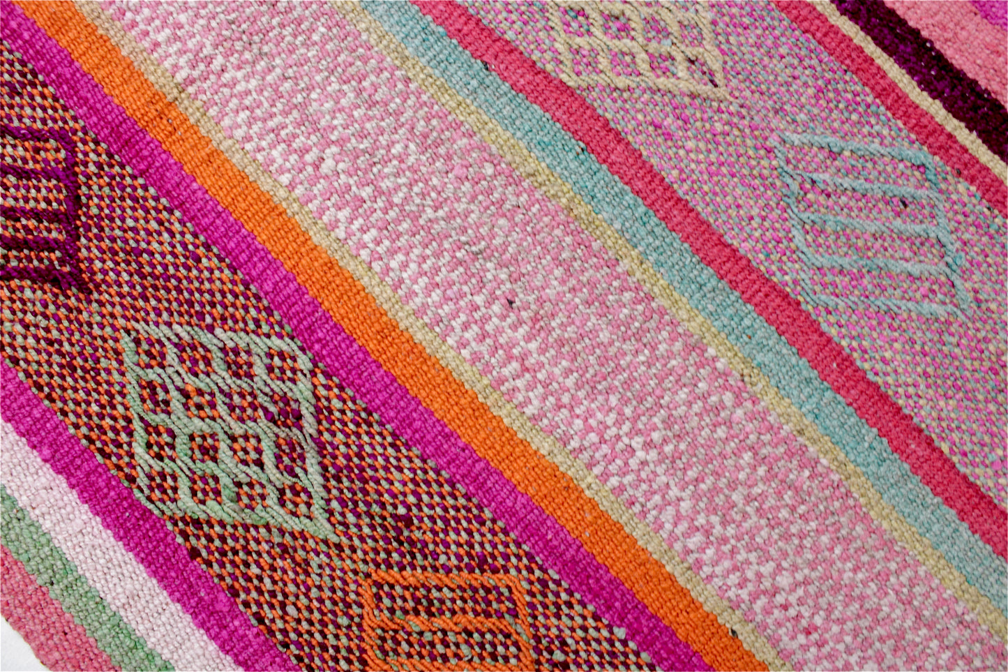 Detailansicht peruanischer Läufer von Glueck & Fund, handgewebter Teppich im Boho-Stil, Maße 135 x 74 cm auf Holzfußboden