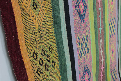 Handgefertigter Frazada-Teppich aus Peru – farbenfroh, traditionell und ideal für Balkon, Terrasse oder gemütliche Wohnräume. Dieser bunte Teppich bringt peruanisches Kunsthandwerk und Wärme in dein Zuhause und setzt lebendige Akzente im Boho- oder Ethno-Stil für drinnen und draußen.