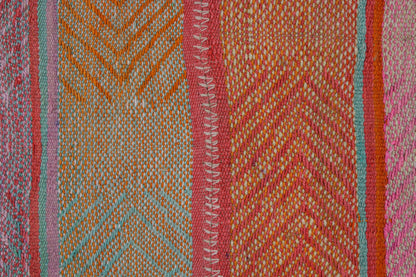 Handgefertigter Frazada-Teppich aus Peru – farbenfroh, traditionell und ideal für Balkon, Terrasse oder gemütliche Wohnräume. Dieser bunte Teppich bringt peruanisches Kunsthandwerk und Wärme in dein Zuhause und setzt lebendige Akzente im Boho- oder Ethno-Stil für drinnen und draußen.