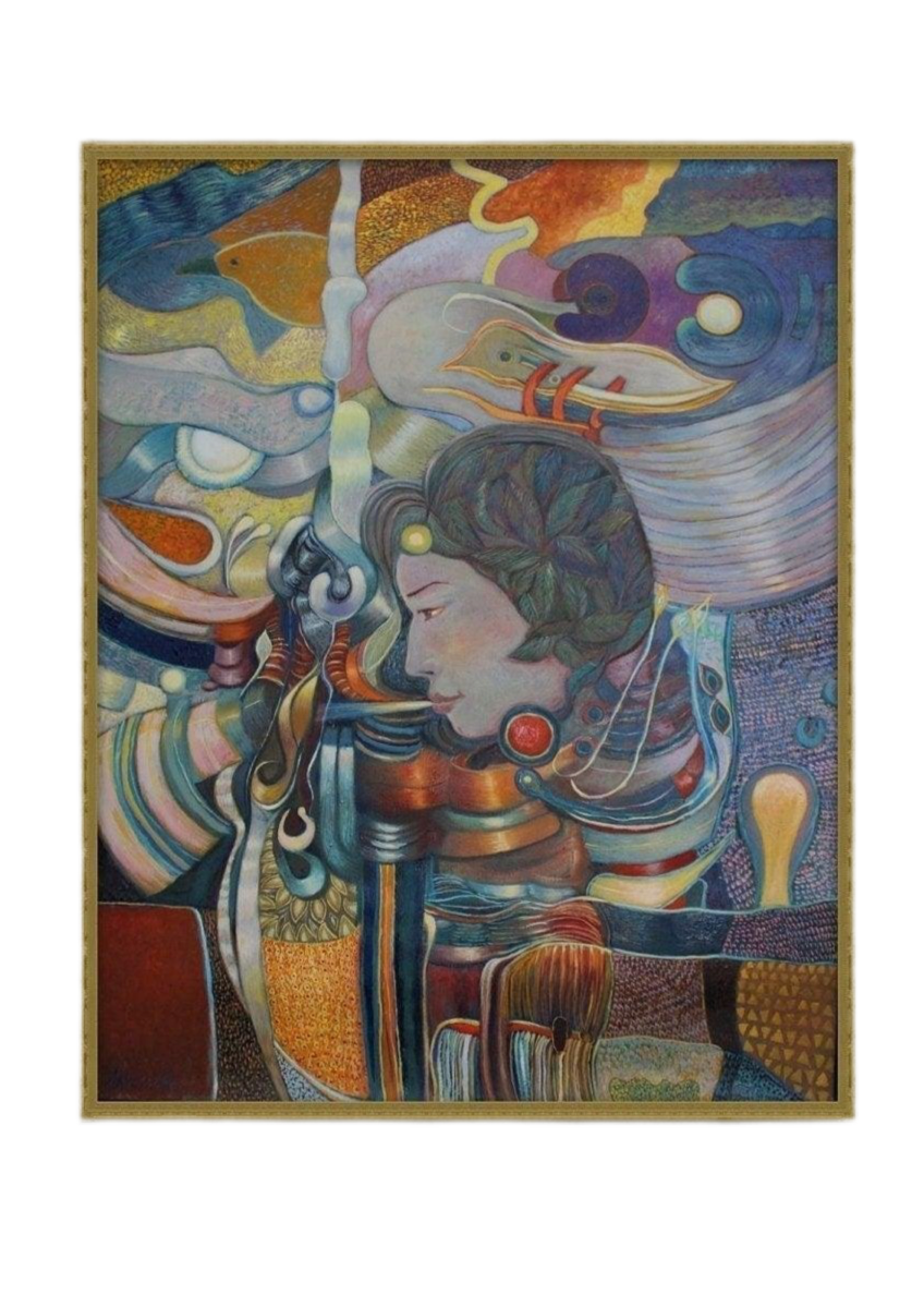 Ölgemälde "Frau im Wind" 90x70 cm von Künstler Anicama aus Peru, farbenfrohe Wanddekoration für Wohnzimmer