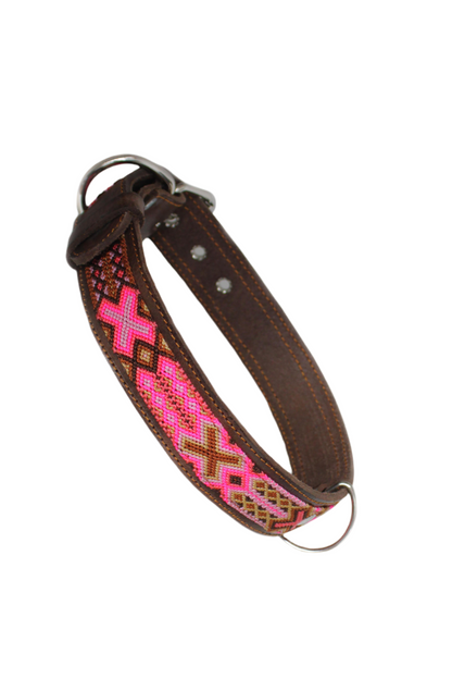 Braunes Hundehalsband für Hunde in M, L, XL von Glueck und Fund, mit pinken Akzenten, aus strapazierfähigem Material.