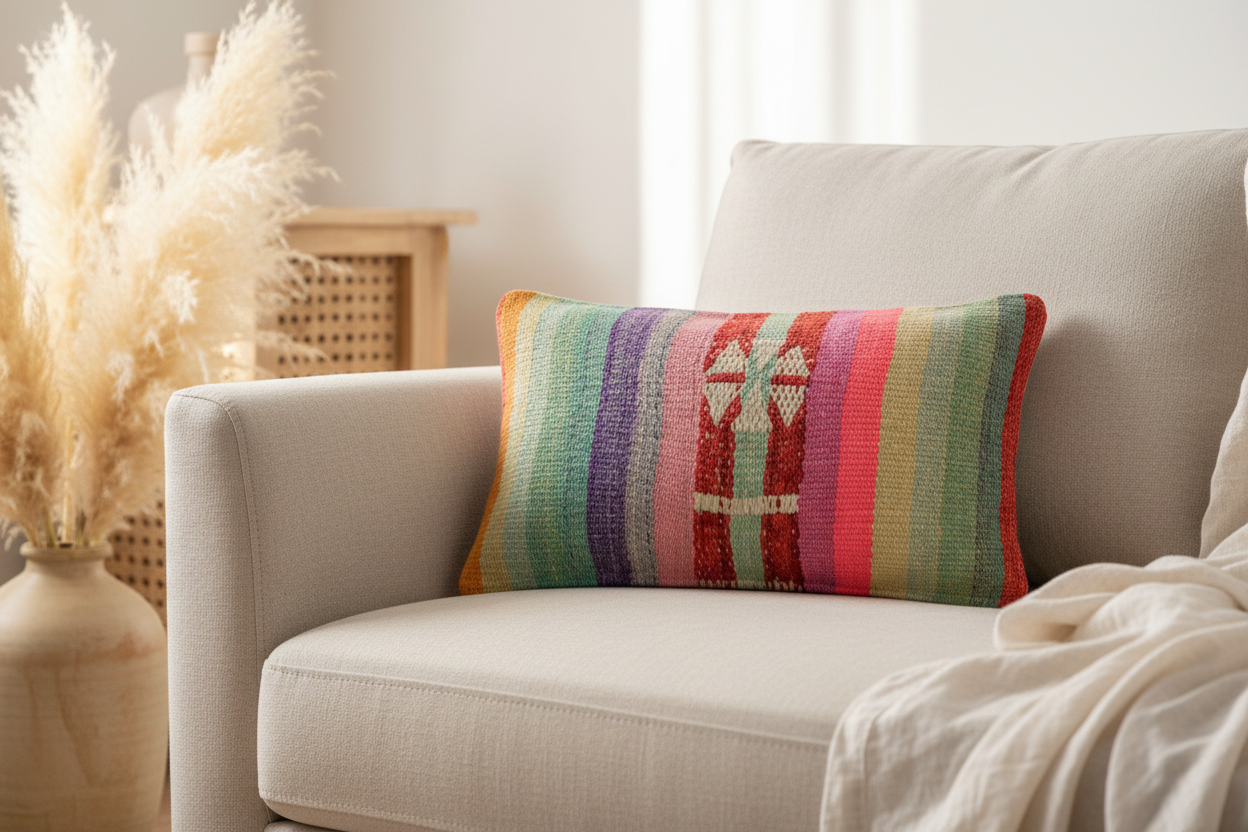 Peruanisches buntes Dekokissen von Glueck & Fund auf beigem Sofa im Wohnzimmer mit Bohostil. 