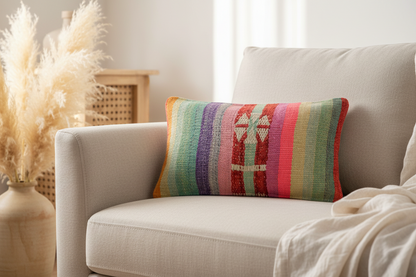 Peruanisches buntes Dekokissen von Glueck & Fund auf beigem Sofa im Wohnzimmer mit Bohostil. 