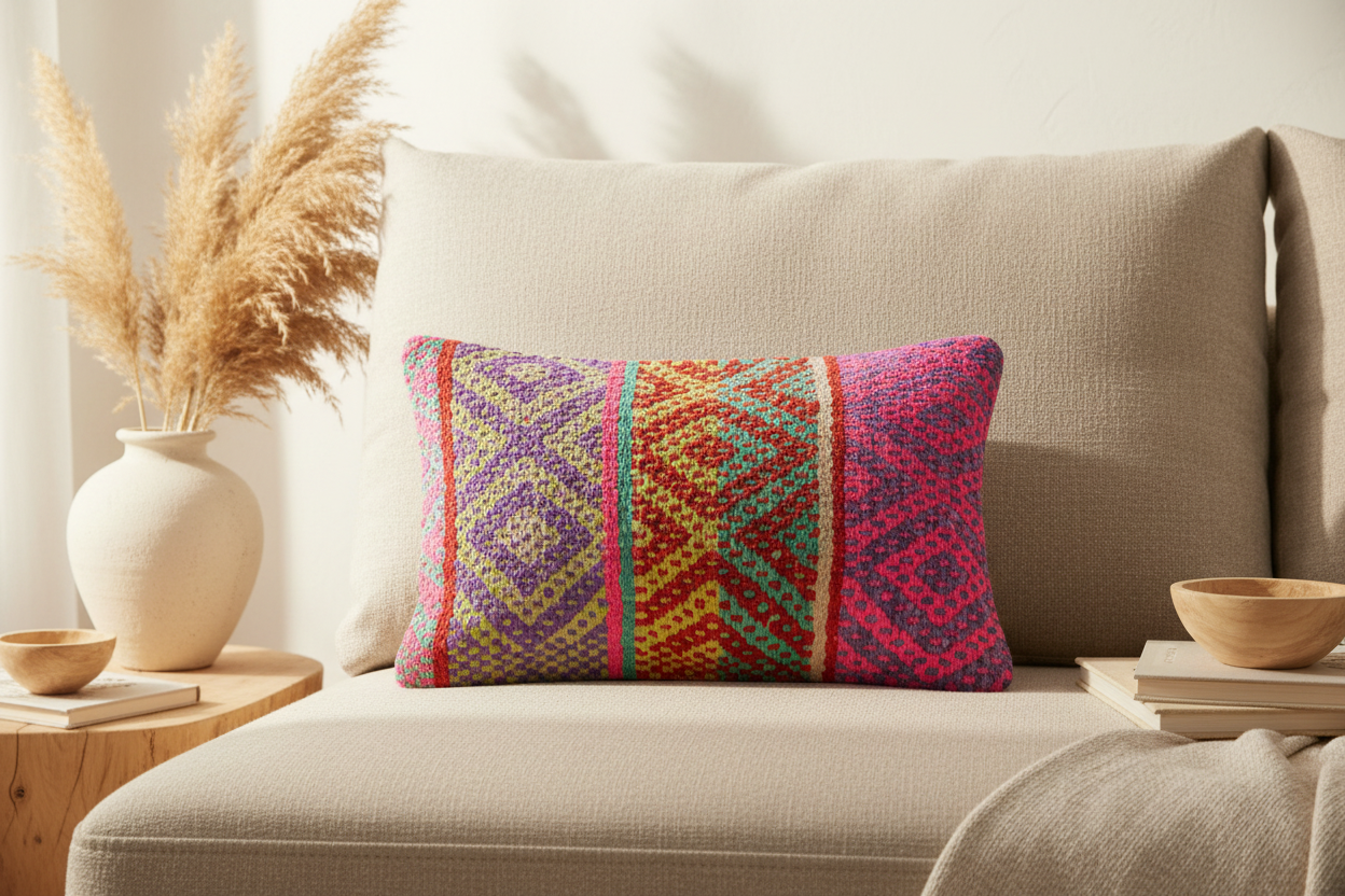 Buntes Stoffkissen von Glueck & Fund, handgemacht in Peru, auf einem Beigen Sofa in modernem Wohnzimmer. 