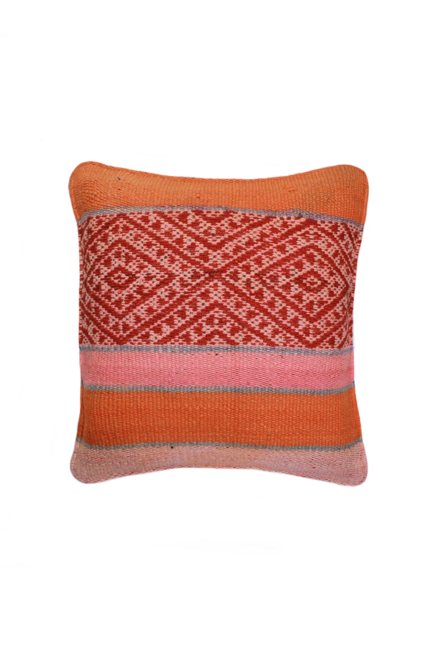 Rotes Frazadakissen 45x45 aus Peru mit Rautenmustern, dekoratives Kissen von Glück und Fund, gewebt mit traditionellem Design