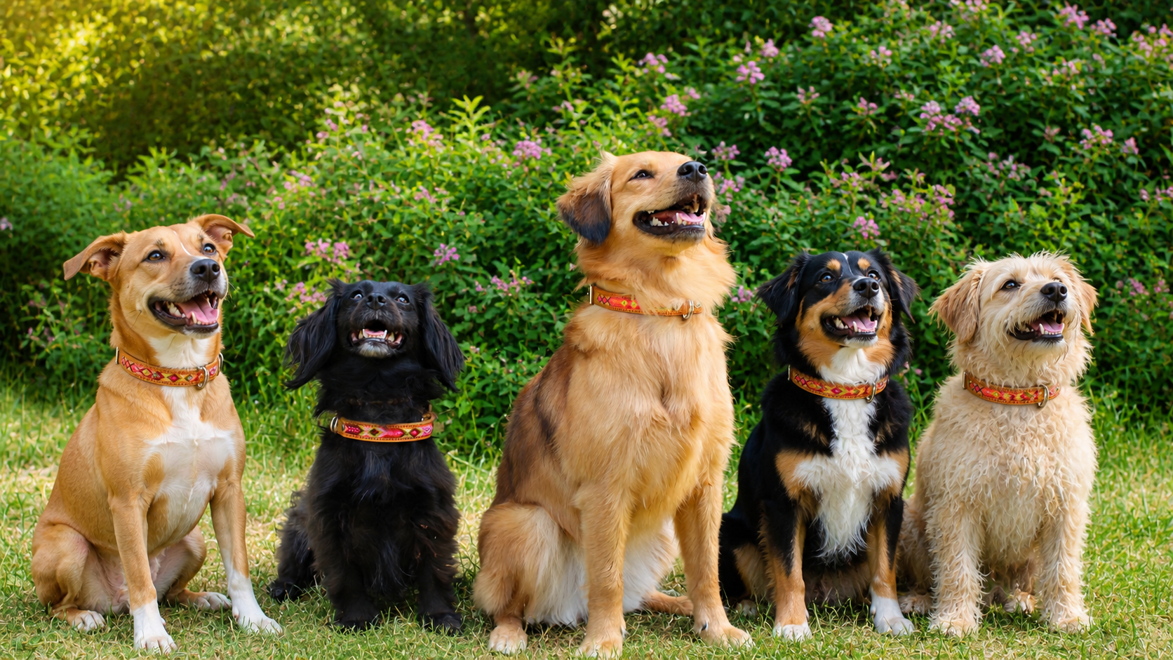 Fünf Hunde sitzen nebeneinander auf einer sonnigen Wiese vor grünen Sträuchern mit rosa Blüten. Sie schauen aufmerksam nach oben und wirken fröhlich. Jeder Hund trägt ein farbenfrohes, handgefertigtes Halsband mit traditionellem mexikanischem Muster. Die Szene wirkt natürlich, freundlich und lebendig, mit weichem Licht und klaren Details im Fell.