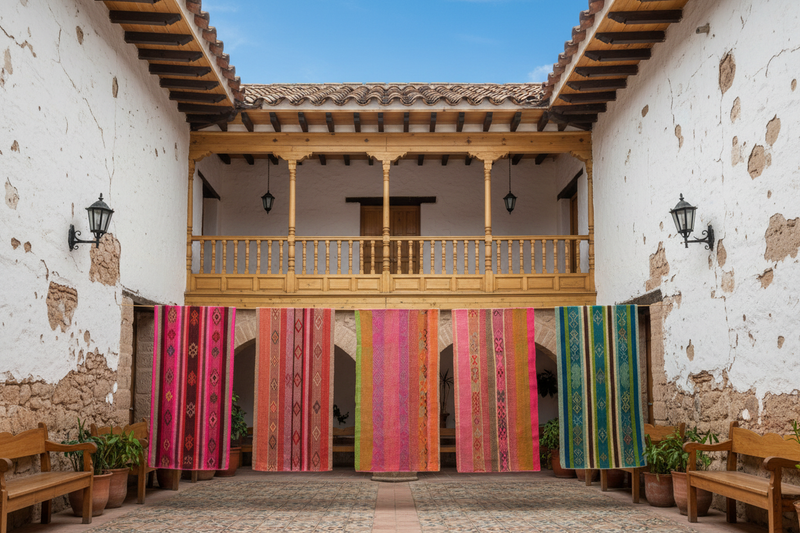 Bunte Teppich-Läufer in einem Innenhof von Cusco, Peru auf einer Wäscheleine hängend. 