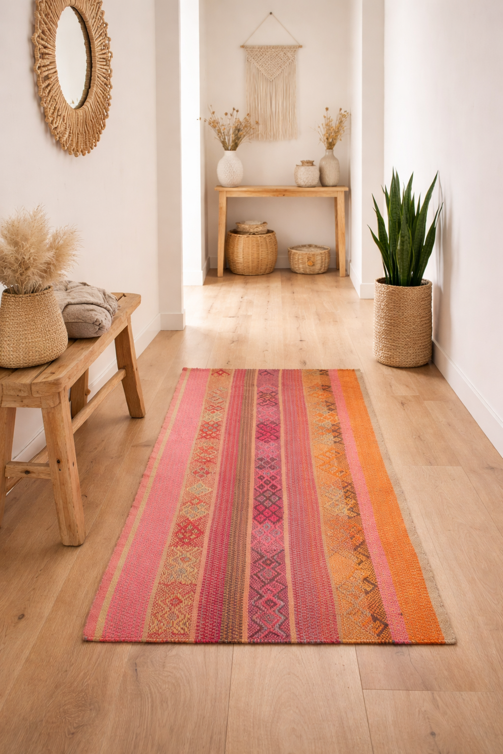 Lichtdurchfluteter Boho-Flur mit warmem Holzboden. Ein peruanischer Frazada-Teppich in Rosa- und Orangetönen mit leichten Asymmetrien liegt mittig. Holzbank, Pflanze und schlichte Deko ergänzen den Raum. Natürliches Licht wirkt weich und harmonisch.